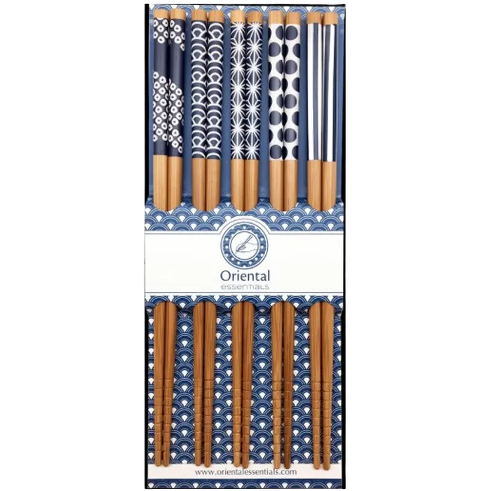 Eetstokjesset 5 paar blauw patroon 22,5cm